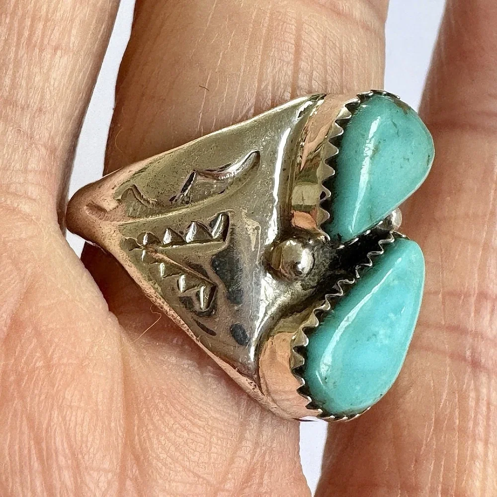 Mens Turquoise Navajo Band Sz 9 Two Stone Ring 21mm Signed ML Handmade‎ Native